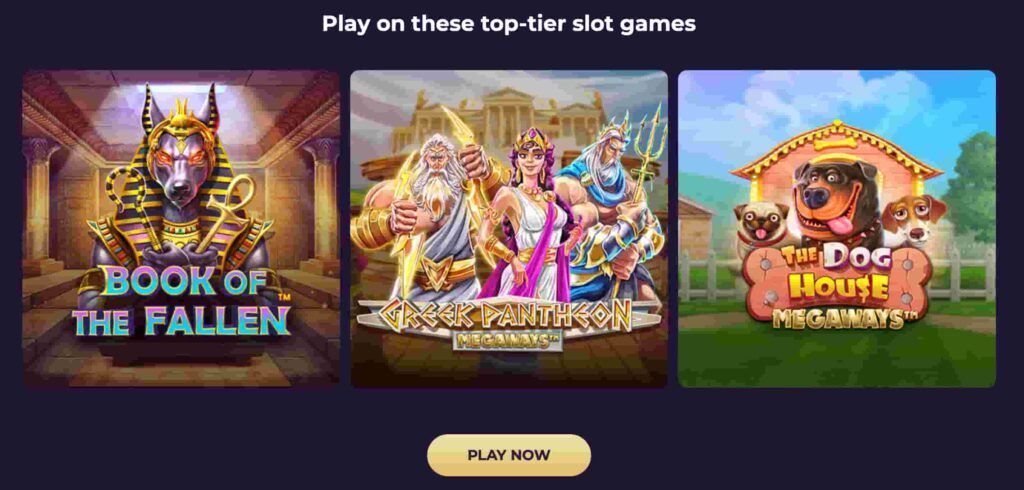 Playoro Casino showcasing popular slot games including Book of the Fallen, Greek Pantheon Megaways, and The Dog House Megaways.