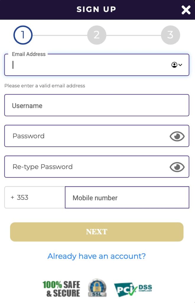 Playoro Casino sign-up form showing step 1 with fields for email, username, password, and mobile number.