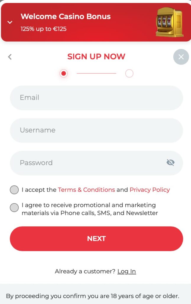 RealSpin Casino sign-up screen showing welcome bonus selection, email, username, and password fields, terms acceptance checkboxes, and a ‘Next’ button.