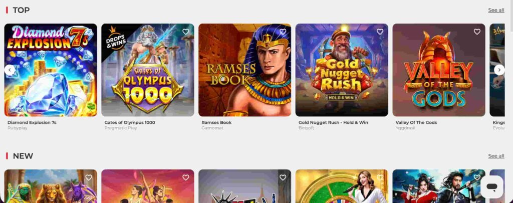 RealSpin Casino game lobby showing top slot games including Diamond Explosion 7s, Gates of Olympus 1000, Ramses Book, Gold Nugget Rush Hold & Win, and Valley of the Gods.