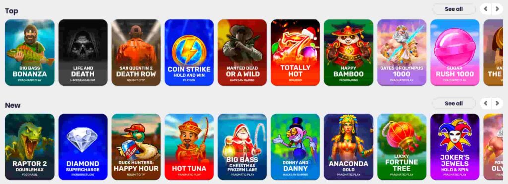 Crocoslots casino game lobby showing top and new slot games from Pragmatic Play, Hacksaw Gaming and Push Gaming, including Big Bass Bonanza, Gates of Olympus 1000 and Sugar Rush 1000