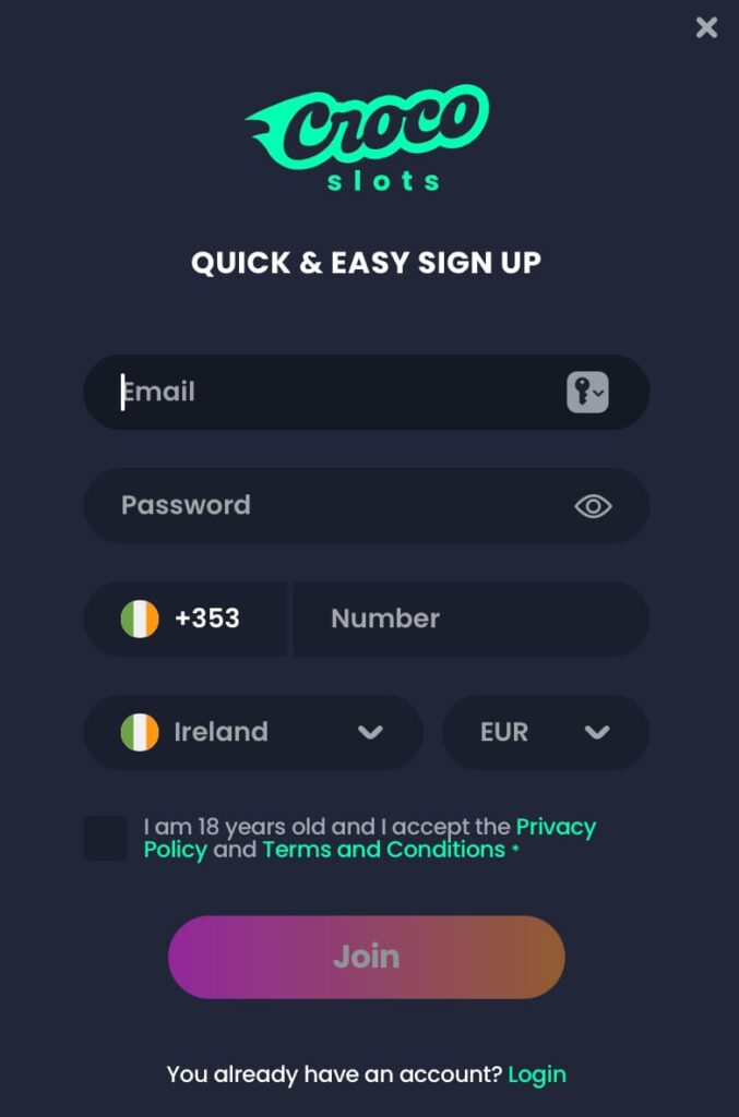 Crocoslots casino registration form showing email, password, phone number, country and currency fields with a Join button for quick account sign-up