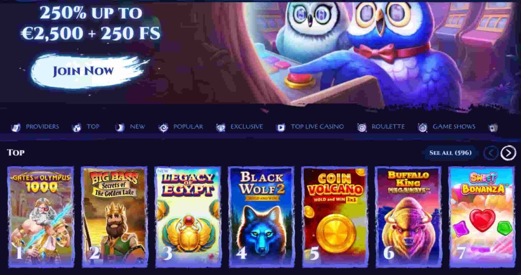 Spinight Casino homepage showing 250% welcome bonus up to €2,500 plus 250 free spins, featured slot games including Gates of Olympus, Big Bass Bonanza, Black Wolf 2, and live casino navigation.