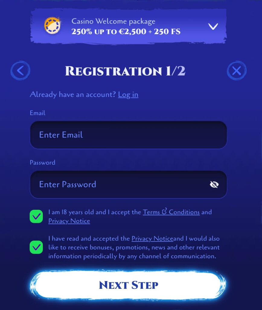 Spinight Casino registration step 1 showing casino welcome bonus selection, email and password fields, terms acceptance checkboxes, and “Next Step” button.