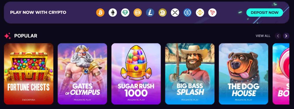 Discasino Casino homepage showing crypto deposit options and popular slot games including Gates of Olympus, Sugar Rush 1000, and Big Bass Splash.
