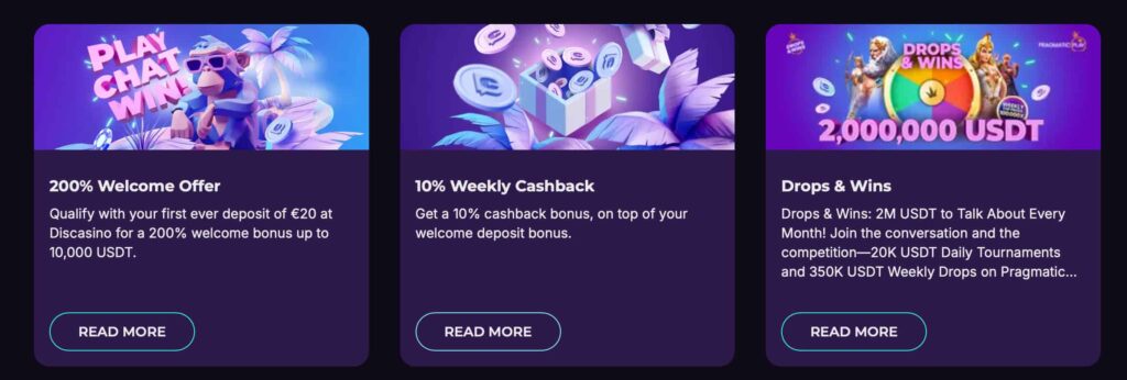 Discasino Casino promotions section showing a 200% welcome bonus, 10% weekly cashback, and Drops & Wins prize pool promotions.