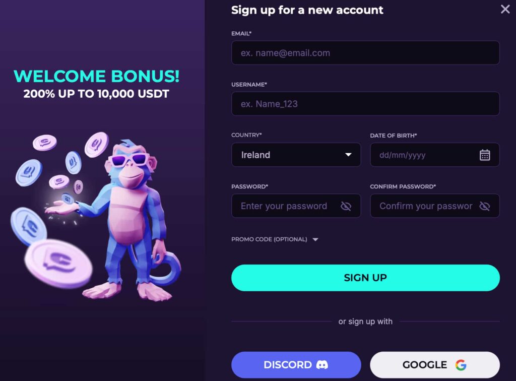 Discasino Casino sign-up screen showing the registration form, 200% welcome bonus up to 10,000 USDT, and sign-up options via email, Google, or Discord.