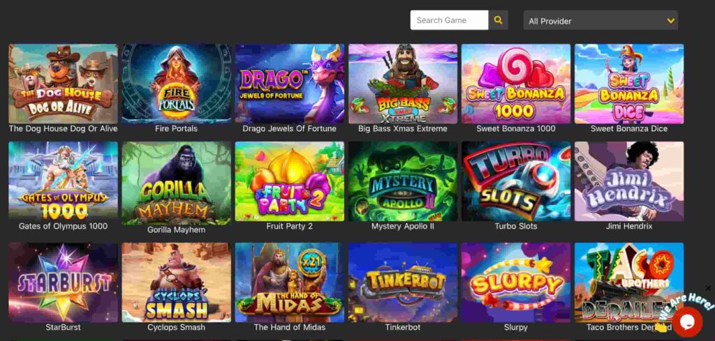 Ze Slots Casino game lobby showing popular slot titles including Sweet Bonanza 1000, Gates of Olympus 1000, Starburst, Big Bass Xmas Extreme, Fruit Party 2, and Jimi Hendrix.