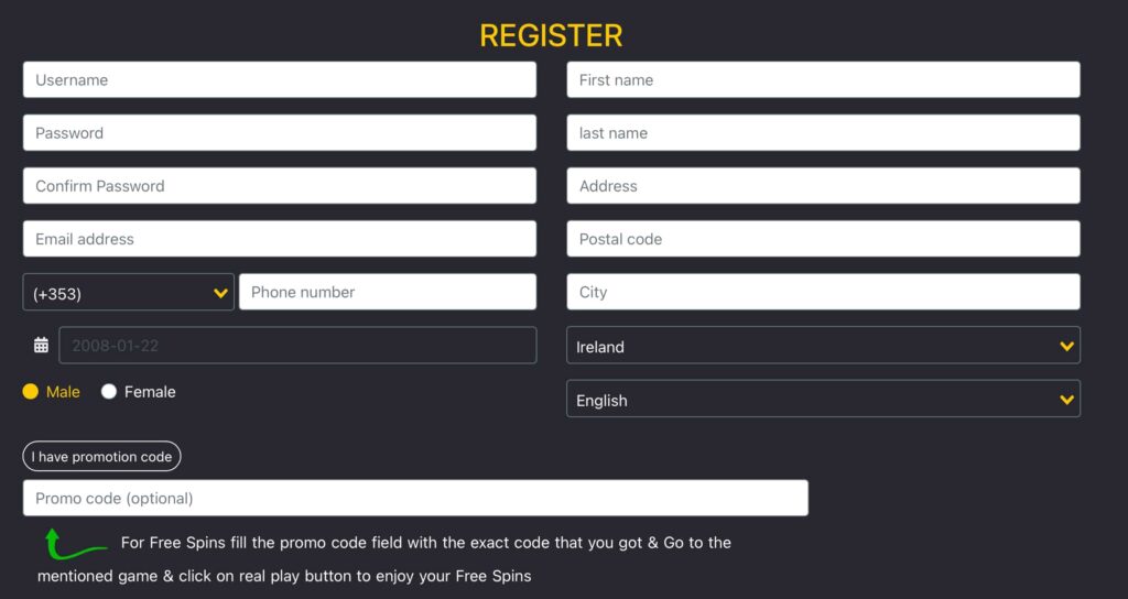 Ze Slots Casino registration form showing fields for username, password, personal details, address, promo code entry, and account creation button.