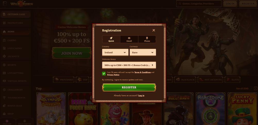 Wild Robin Casino Registration Process