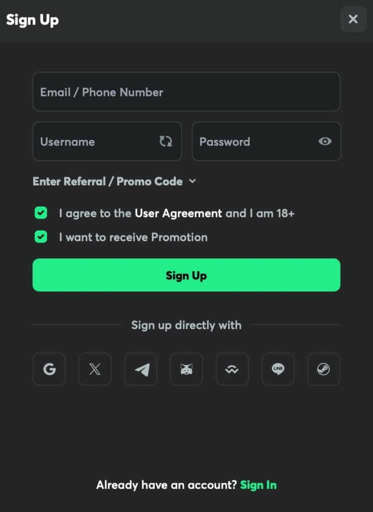 BC.Game sign-up form showing fields for email or phone number, username, password, promo code entry, and social sign-up options.