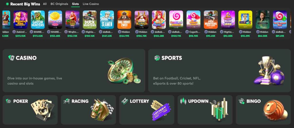 BC.Game casino dashboard showing recent big slot wins, popular slot games, and navigation tiles for Casino, Sports, Poker, Racing, Lottery, UpDown, and Bingo.