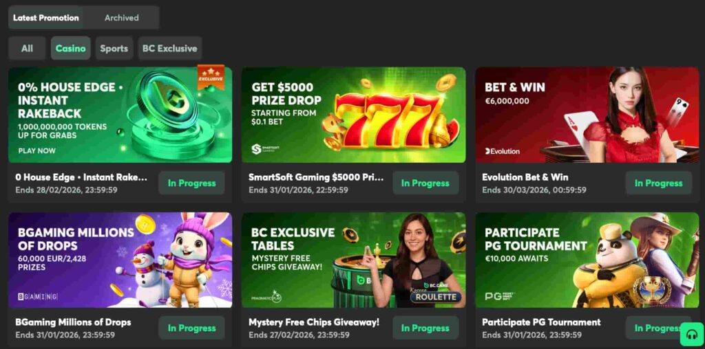 BC.Game promotions page showing limited-time casino offers including instant rakeback, prize drops, Bet & Win events, provider tournaments, and exclusive table giveaways.