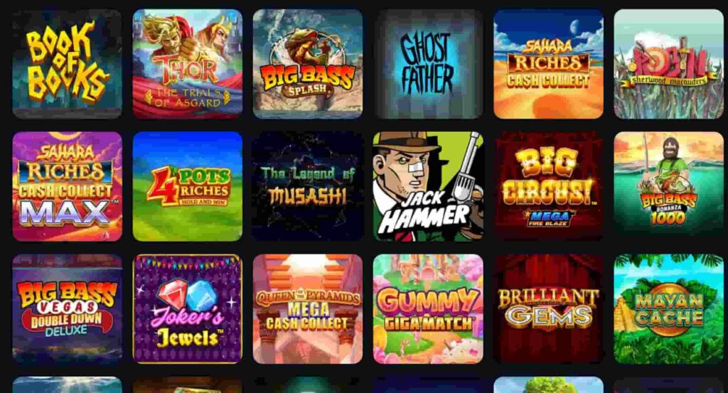 Grid of popular online slot games including Book of Books, Big Bass Bonanza, Sahara Riches Cash Collect, Joker’s Jewels, Gummy Gigamatch, and Brilliant Gems, displayed in a casino game library interface.