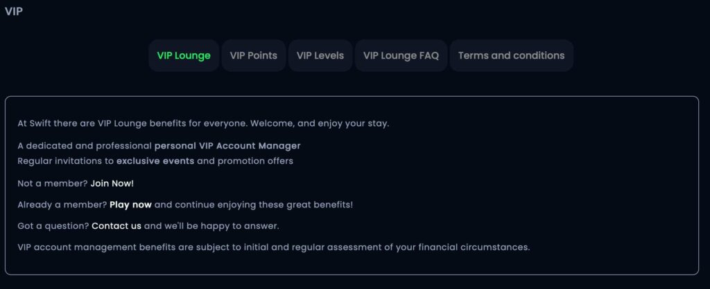 Swift Casino VIP Lounge page showing tabs for VIP Lounge, VIP Points, VIP Levels, FAQ, and terms, with text outlining VIP benefits such as a personal account manager, exclusive event invitations, and assessed eligibility.