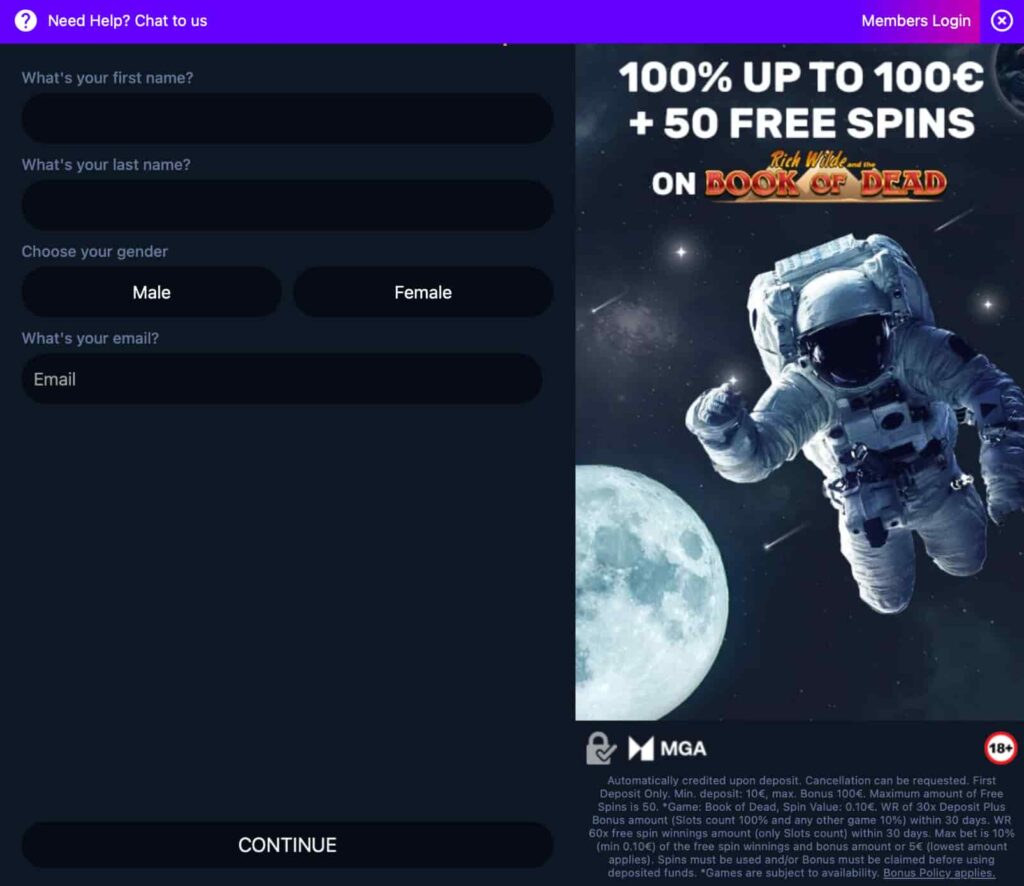 Swift Casino registration form showing fields for name, gender, and email alongside a welcome offer banner advertising a 100% bonus up to €100 plus 50 free spins on Book of Dead.