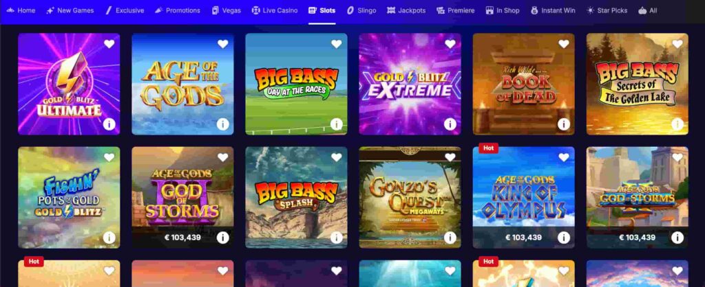 Boyle Casino slots lobby showing popular games like Big Bass Bonanza, Book of Dead, Gonzo’s Quest Megaways and Age of the Gods