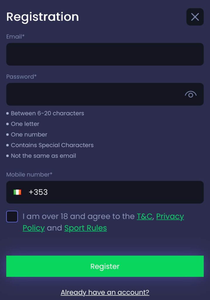 The Online Casino registration screen showing email and password fields, password requirements, mobile number entry, age confirmation checkbox, and a Register button.