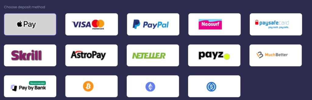 Deposit methods available at The Online Casino including Apple Pay, Visa, Mastercard, PayPal, Neosurf, Paysafecard, Skrill, AstroPay, Neteller, Payz, MuchBetter, Pay by Bank, Bitcoin, Ethereum, and stablecoin options displayed in the cashier.