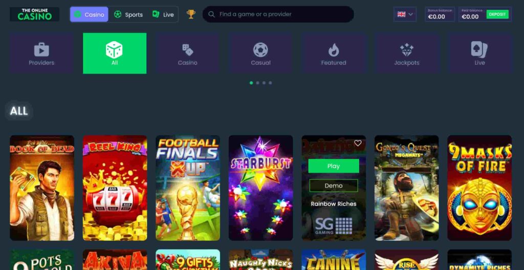 The Online Casino game lobby showing slot titles such as Book of Dead, Starburst, Gonzo’s Quest Megaways and Reel King, with category filters for casino, casual games, jackpots and live dealer play.