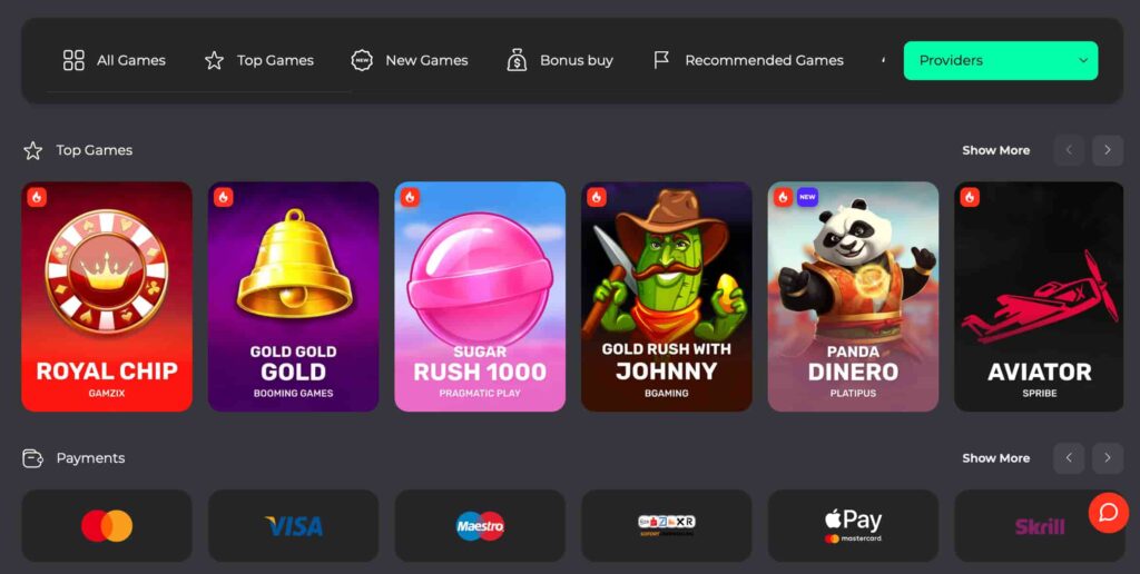 Bet Primeiro casino game lobby showing top slot games including Royal Chip, Sugar Rush 1000, Gold Rush With Johnny, Panda Dinero, and Aviator, with provider filters and payment method icons.