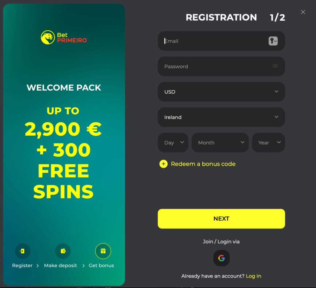 Bet Primeiro casino registration screen showing welcome pack offer of up to €2,900 bonus plus 300 free spins, alongside sign-up form with email, password, currency, country, and date of birth fields.