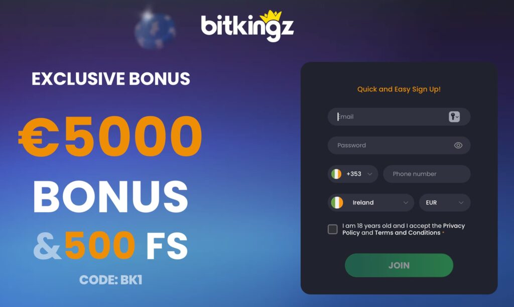 Bitkingz Casino sign-up page showing an exclusive €5,000 bonus and 500 free spins offer for new players.