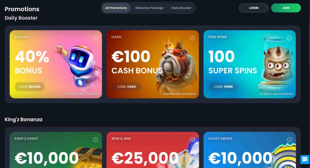 Bitkingz Casino promotions page showing Daily Booster bonuses including reload bonus, cash bonus, and free spins offers.