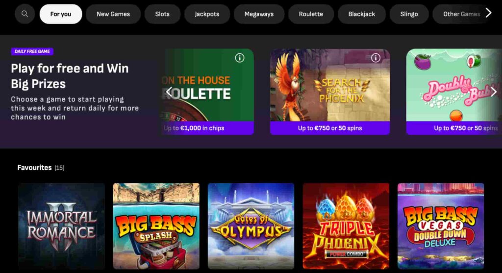LiveScore Vegas Casino game lobby showing navigation tabs (Slots, Jackpots, Megaways, Roulette, Blackjack, Slingo), a featured “Daily Free Game” promotion, and popular slot titles including Gates of Olympus, Big Bass Splash, Triple Phoenix, and Immortal Romance.