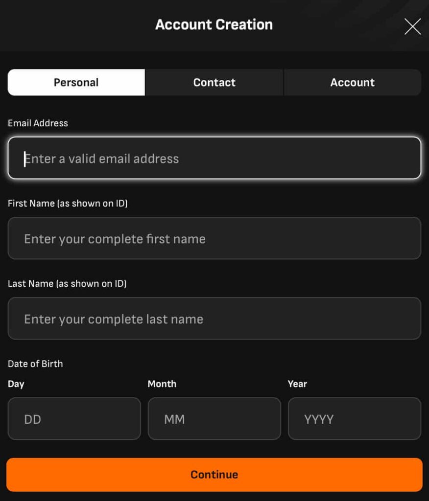 LiveScore Vegas Casino account creation screen showing the Personal details step, with fields for email address, first and last name, date of birth, and a “Continue” button at the bottom.