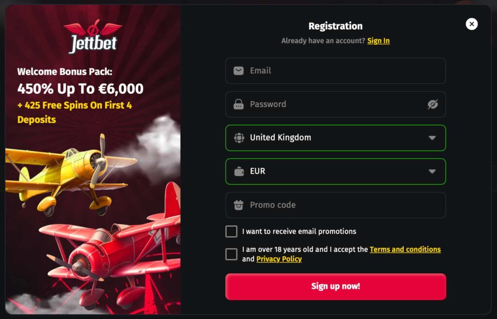 Jettbet Casino registration page showing 450% bonus up to €6,000 + 425 free spins, with email, password, country and currency fields and a “Sign up now” button.
