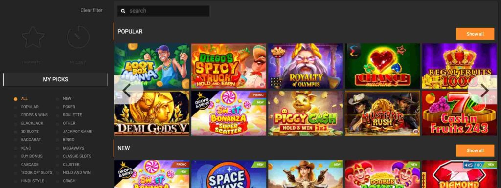 Online casino lobby interface displaying a grid of popular and new slot games, including Loot Box Mania, Royalty of Olympus, Sweet Bonanza, Piggy Cash, and 7 Cash Fruits 243, with category filters in a left sidebar and “Show all” buttons on the right.