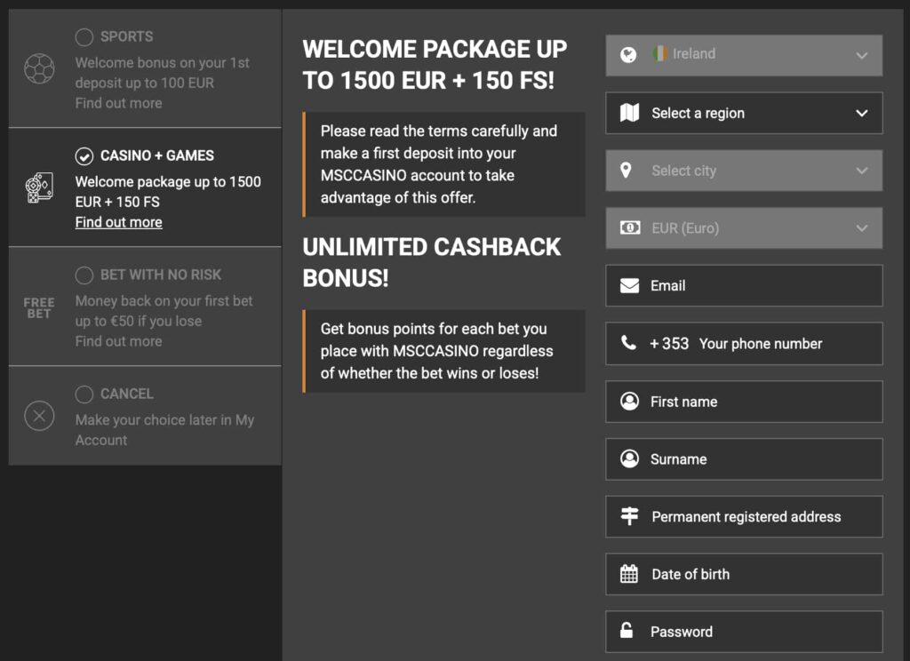 Online casino registration page highlighting a welcome package up to €1500 + 150 free spins and unlimited cashback bonus, with a sign-up form requesting region, email, phone number, name, address, date of birth, and password.