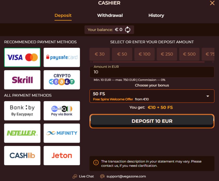 Vega Zone Casino Deposit & Withdrawal Methods