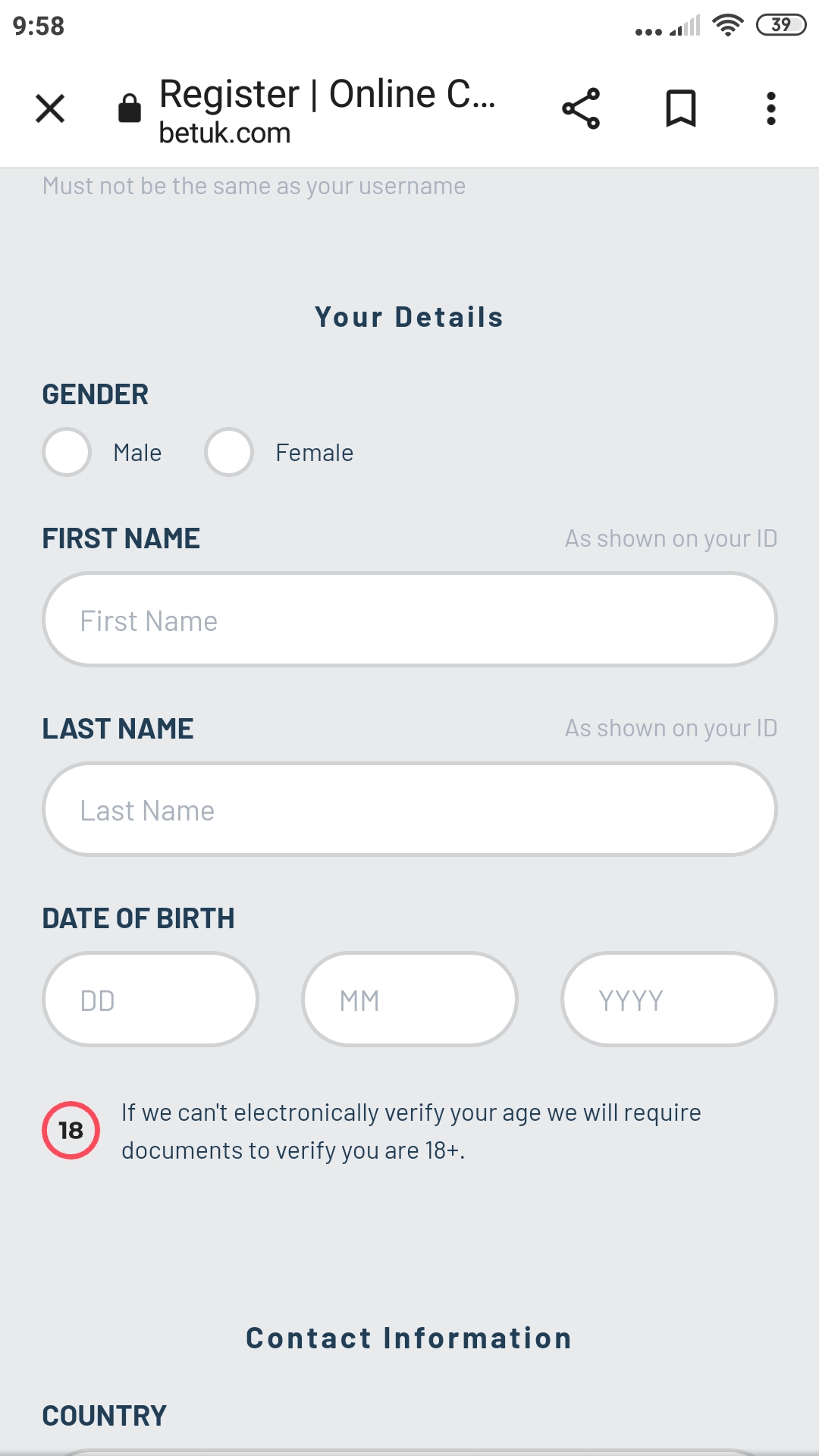 Fill in your personal details with Bet UK