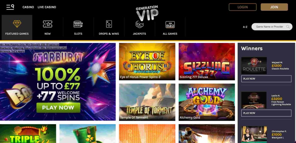 Generation VIP casino homepage showing the main navigation, welcome bonus banner, featured slot games like Starburst and Eye of Horus, and a winners panel on the right.