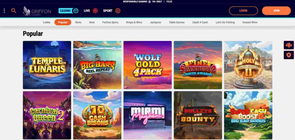 Griffon Casino game lobby showing popular slots including Temple of Lunaris, Big Bass Reel Repeat, Wolf Gold 4 Pack, Buffalo Stampede 2, Holy Hand Grenade II, Carnival Queen 2, 10 Cash Bisons, Miami Mayhem, Bullets and Bounty, and Super Cash Boost.