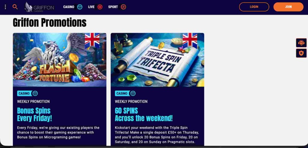 Griffon Casino promotions page showing Flash Fortune Friday bonus spins on Microgaming games and Triple Spin Trifecta weekend offer with 60 Pragmatic Play free spins.