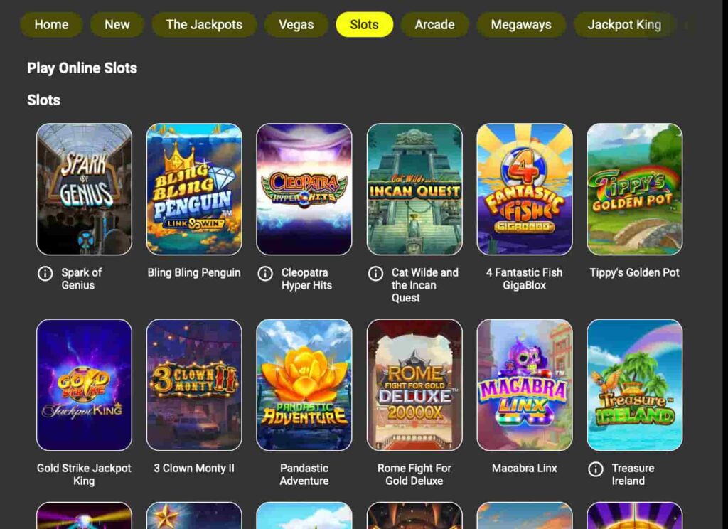 Parimatch Casino slots lobby showing popular slot games including Spark of Genius, Bling Bling Penguin, Cleopatra Hyper Hits, and Jackpot King titles.