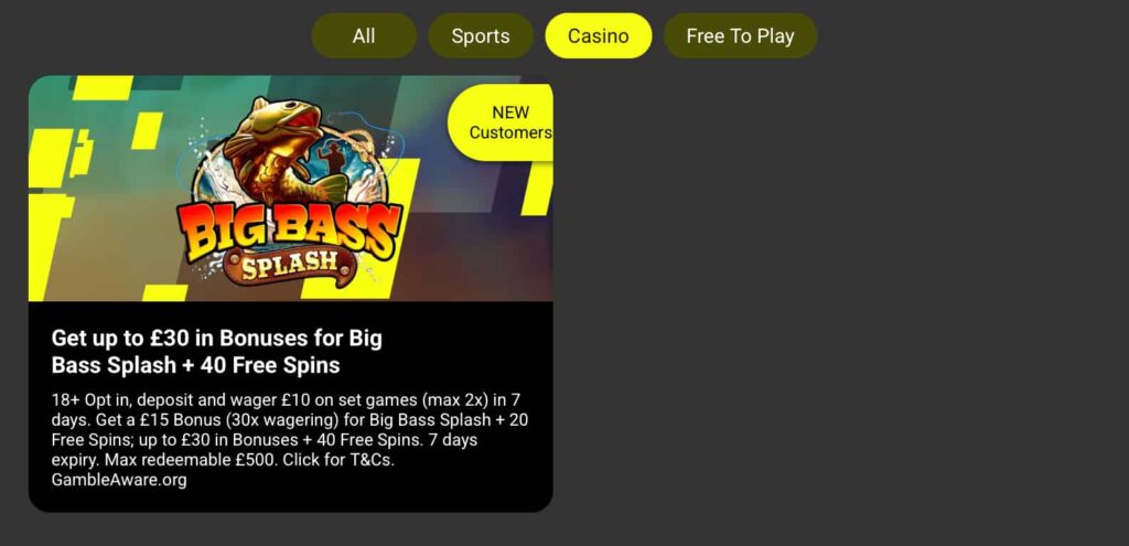 Parimatch Casino promotion banner for Big Bass Splash showing up to £30 in bonuses and 40 free spins for new customers.