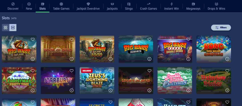 Lottoland Casino slots lobby showing Big Bass Bonanza, Starburst, Zeus’s Lightning Blaze and other popular slot games