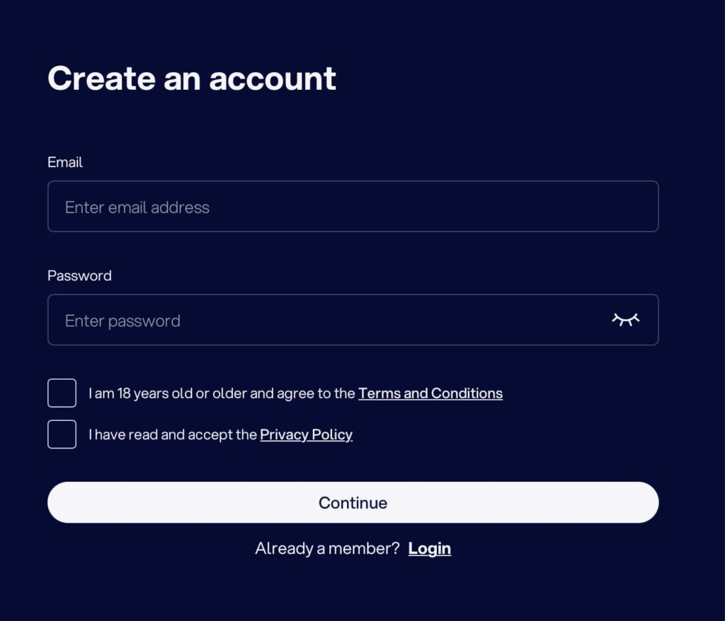 Lottoland Casino account registration screen showing fields for email address and password, age confirmation and terms acceptance checkboxes, and a continue button. 