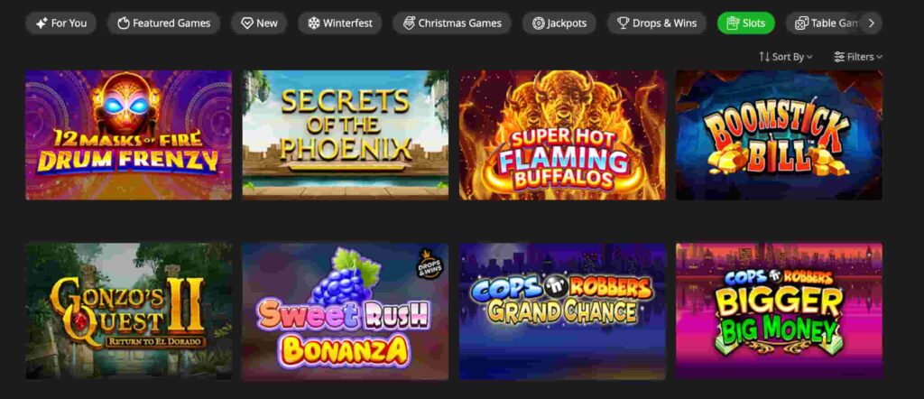 Slot games available at Magic Red Casino including Gonzo’s Quest, Sweet Bonanza, Drum Frenzy and Super Hot Flaming Buffalos