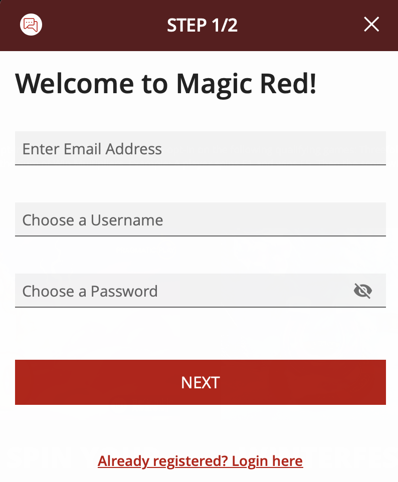 Magic Red Casino registration screen showing email, username, and password fields