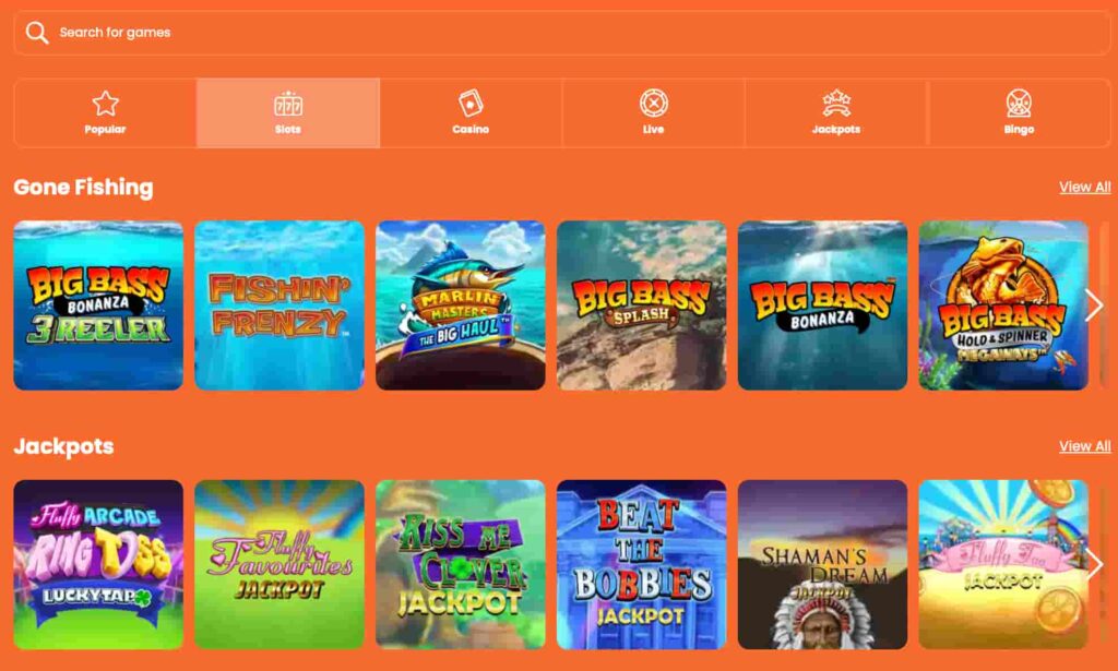 Fever Slots Casino game lobby showing slot categories, fishing-themed slots, and jackpot games