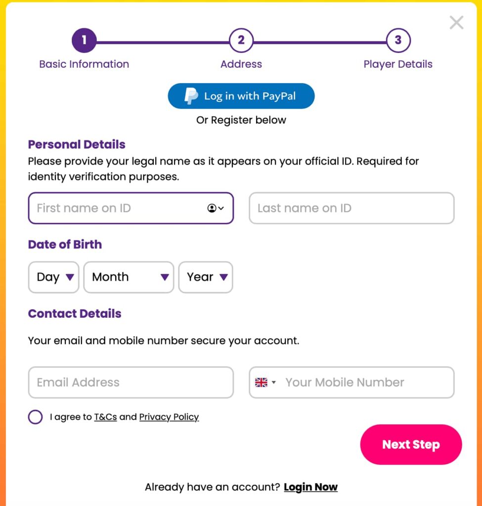 Fever Slots Casino sign-up form showing step 1 of registration with personal details, date of birth, contact information, and PayPal login option