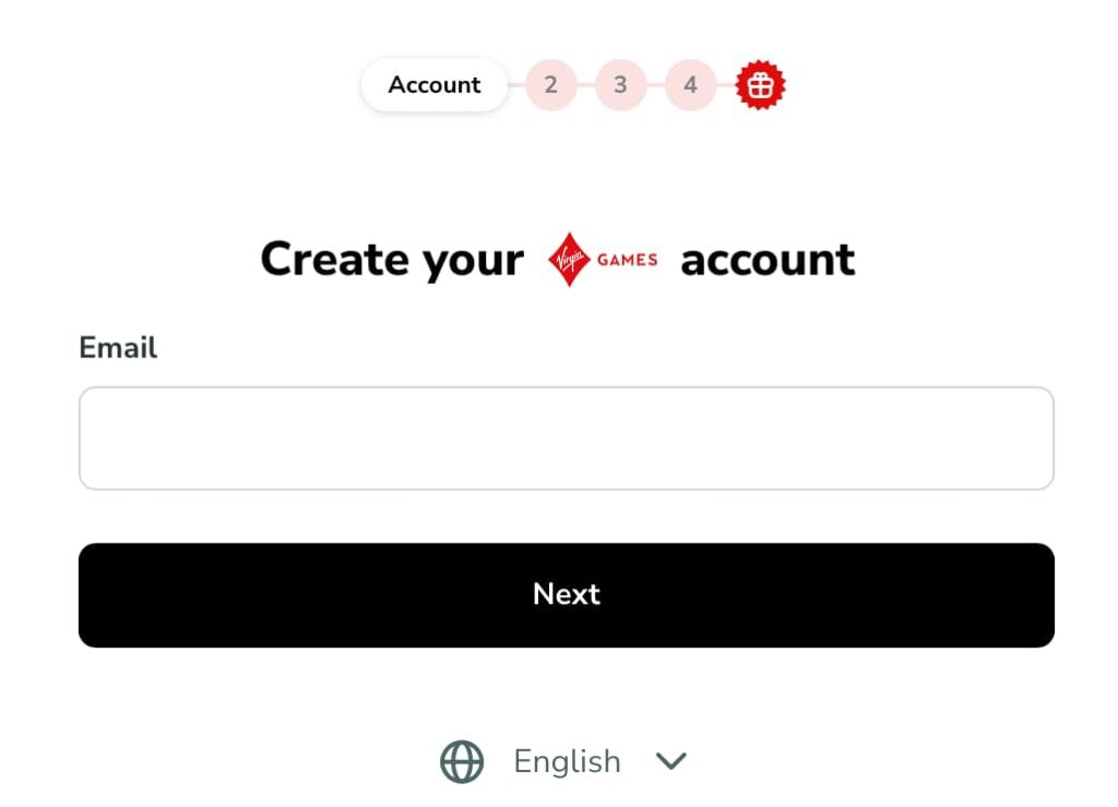 Virgin Games account registration screen prompting users to enter an email address to begin sign-up