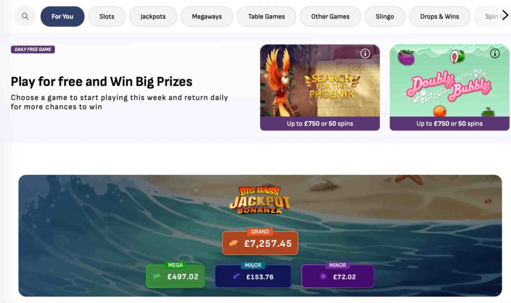 Virgin Games casino interface showing daily free game promotions, slot categories, and Big Bass Jackpot Bonanza progressive jackpot values