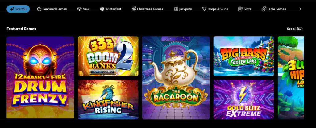 Neptune Play Casino featured games lobby showing slot titles including Drum Frenzy, 333 Boom Banks 2, The Raccoon, Kingfisher Rising, and Big Bass Christmas Frozen Lake. 