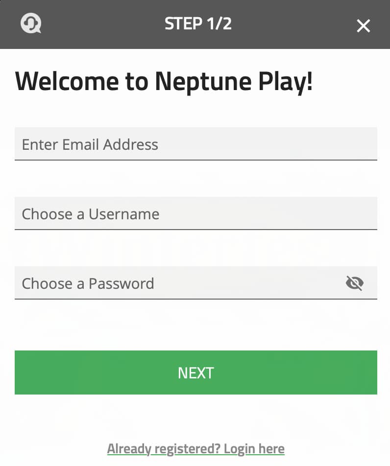 Neptune Play casino registration screen showing step 1 of account sign-up, with fields for email address, username, and password.